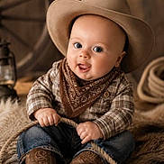 Weston joined the competition — help win amazing prizes! baby, child, cowboy, hat, bandana, plaid_shirt, jeans, boots, rope, fur_rug, lantern, wagon_wheel, portrait, smiling, indoor, cute, western, rustic, sitting, hands