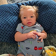 Benjamin is registered to the contest to win money with this photo: baby, blanket, blue_pillow, child, colorful, comfortable, cozy, curious, cute, hands, indoor, infant, legs, lying_down, onesie, patterned_clothing, person, sleeping_area, soft_texture, tousled_hair