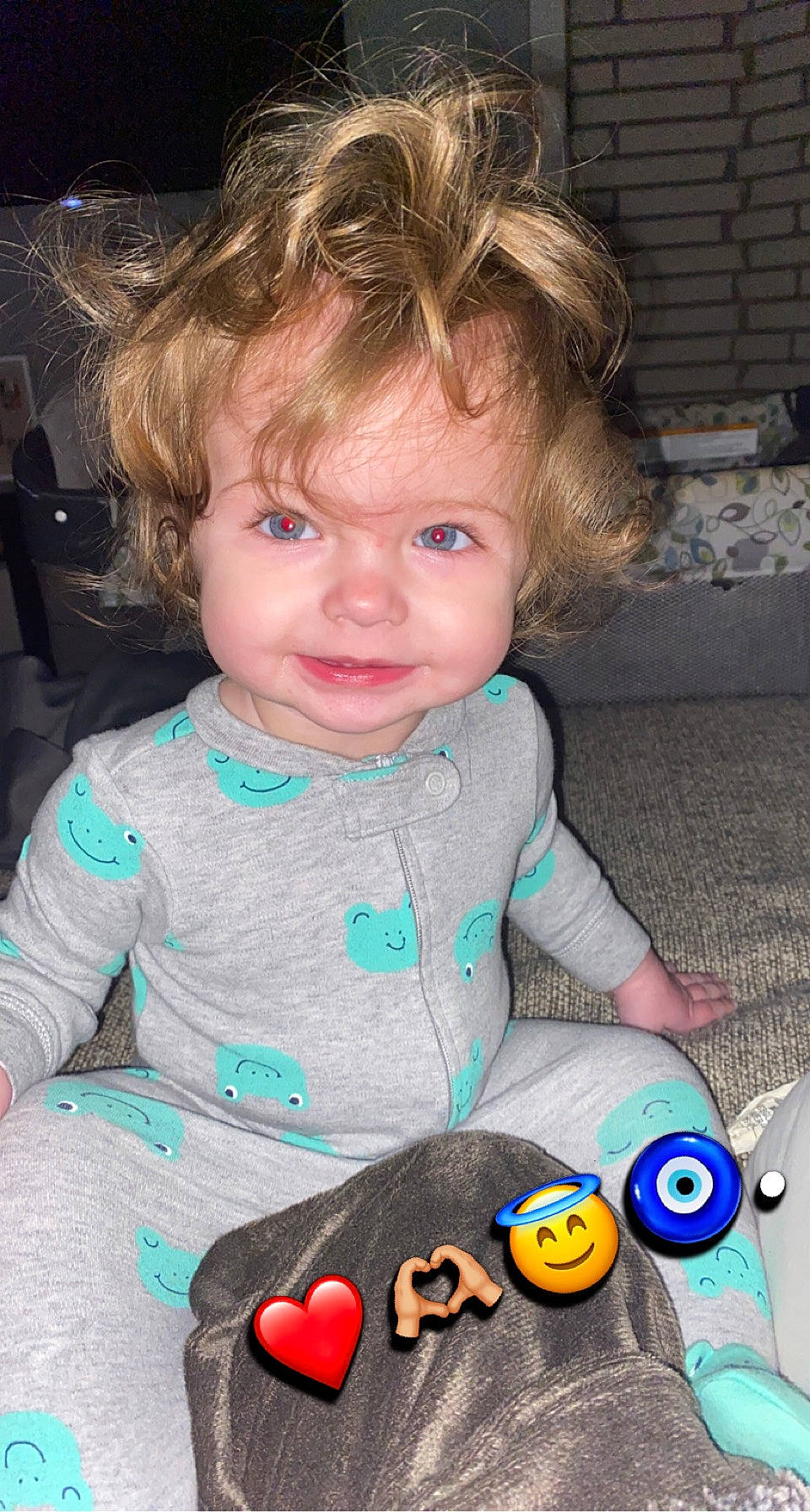 Iris is registered to the contest to win money with this photo: baby, baby_toddler_clothing, cheek, child, dress, eye, face, facial_expression, finger, fun, hair, happy, head, iris, mouth, nose, organ, person, product, skin