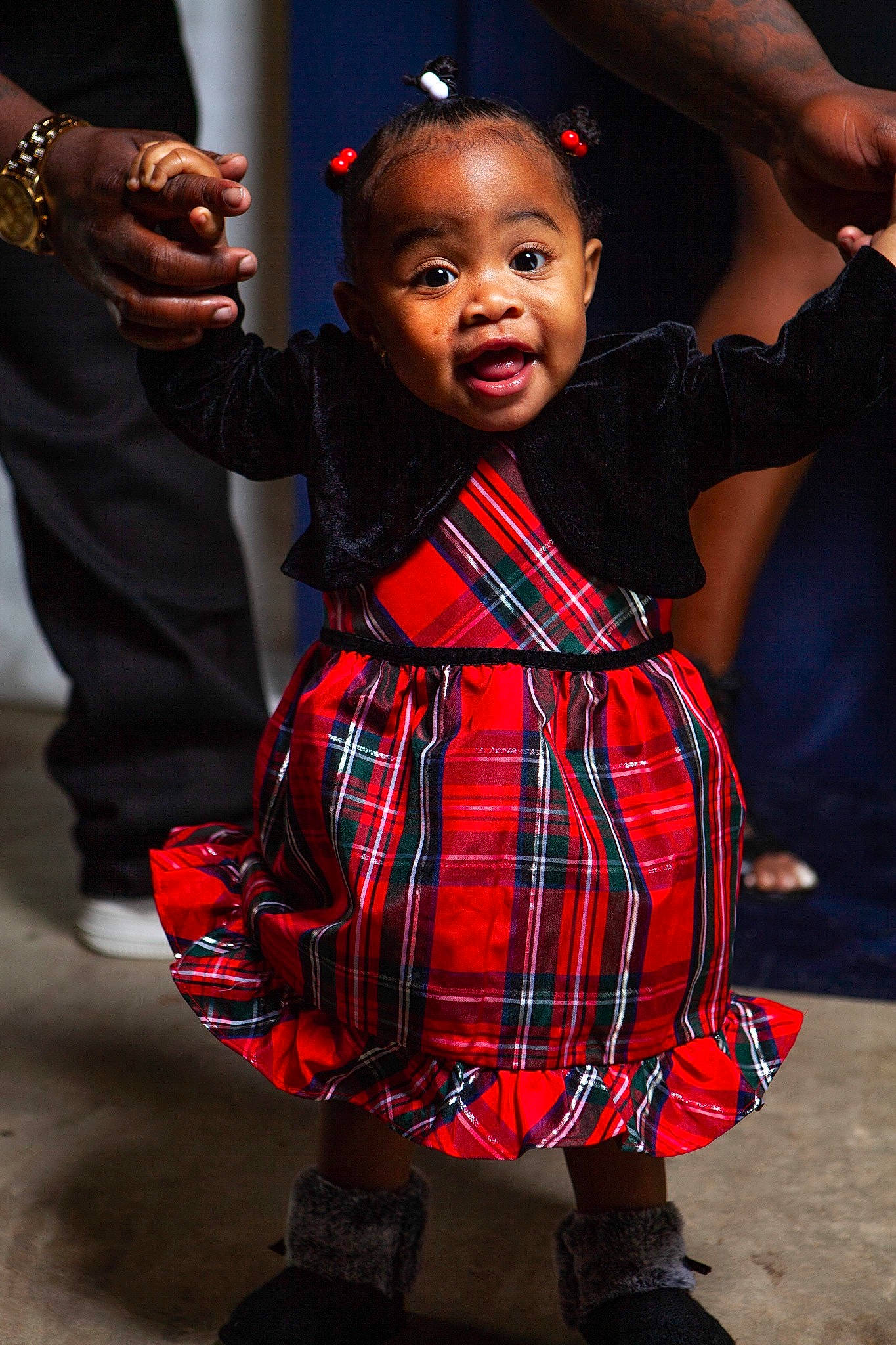 Kamiah joined the competition — help win amazing prizes! child, dress, entertainment, facial_expression, fashion_design, flash_photography, fun, gesture, hairstyle, hand, happy, human, performing_arts, person, plaid, red, skin, smile, street_fashion, surprise