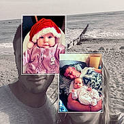 élyana participe au concours pour gagner de l'argent avec cette photo : baby, infant, adult, beach, sea, ocean, sand, family, portrait, sleeping, hat, santa_hat, clothing, collage, black_and_white, color, person, child, cute, indoor