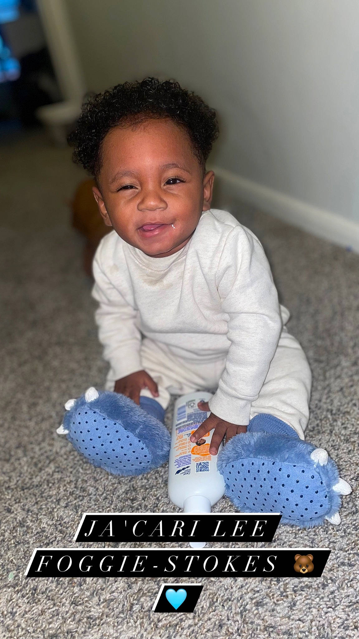 Ja'Cari joined the competition — help win amazing prizes! baby, baby_products, baby_toddler_clothing, cheek, child, electric_blue, finger, flooring, fun, happy, head, nose, person, play, product, sitting, skin, sleeve, smile, toddler