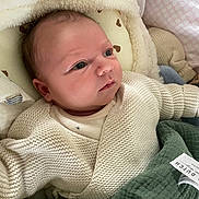 Pablo participe au concours pour gagner de l'argent avec cette photo : baby, bedding, blanket, cheeks, closeup, clothing_tag, cozy, eyes, face, green_blanket, indoors, infant, knit_sweater, newborn, pillow, portrait, sherpa, skin, sleepy, swaddle