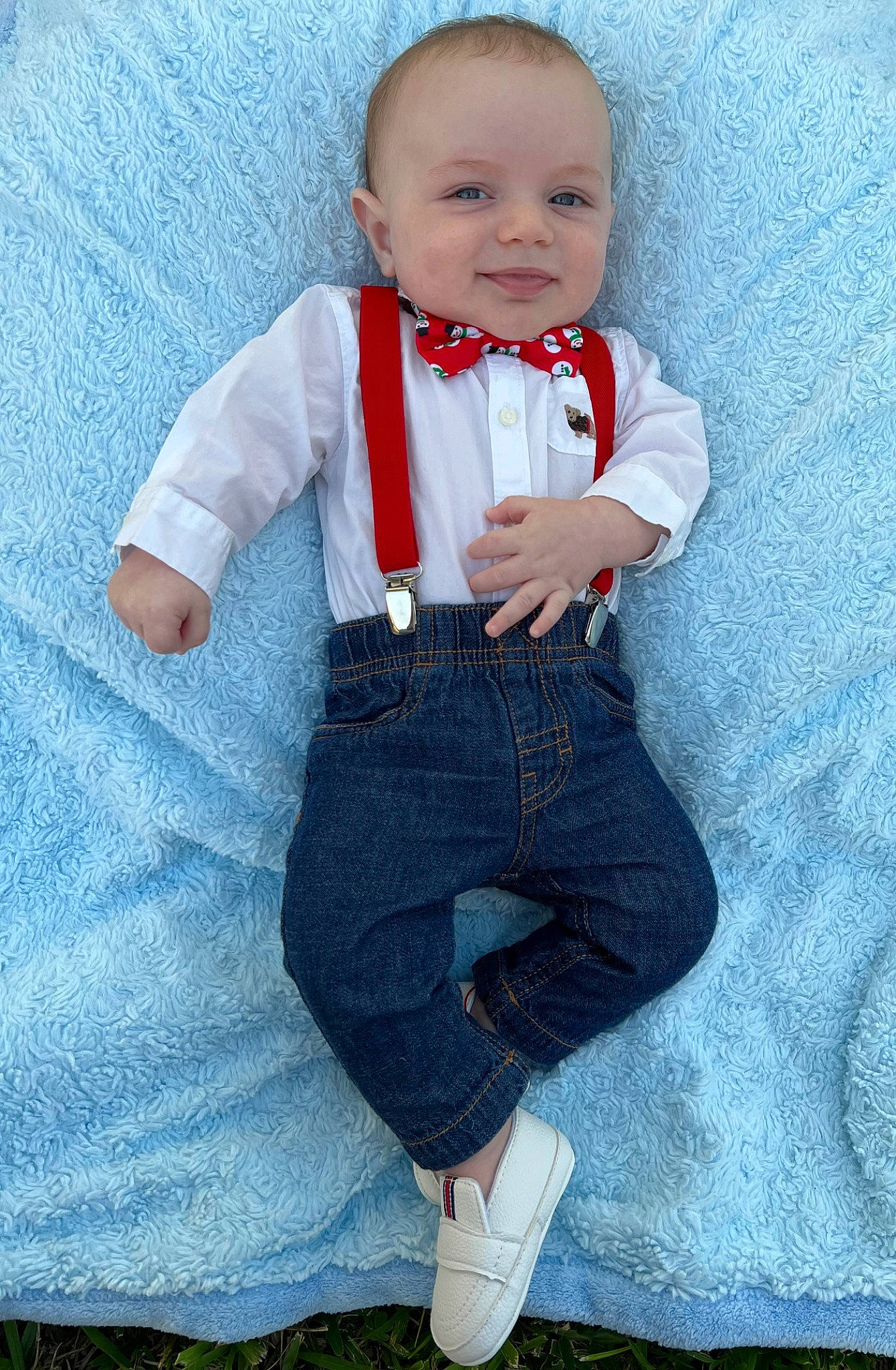 Wyatt is registered to the contest to win money with this photo: baby, baby_toddler_clothing, collar, denim, dress_shirt, electric_blue, flash_photography, formal_wear, happy, head, joy, leg, pattern, people, person, sleeve, smile, standing, t_shirt, textile