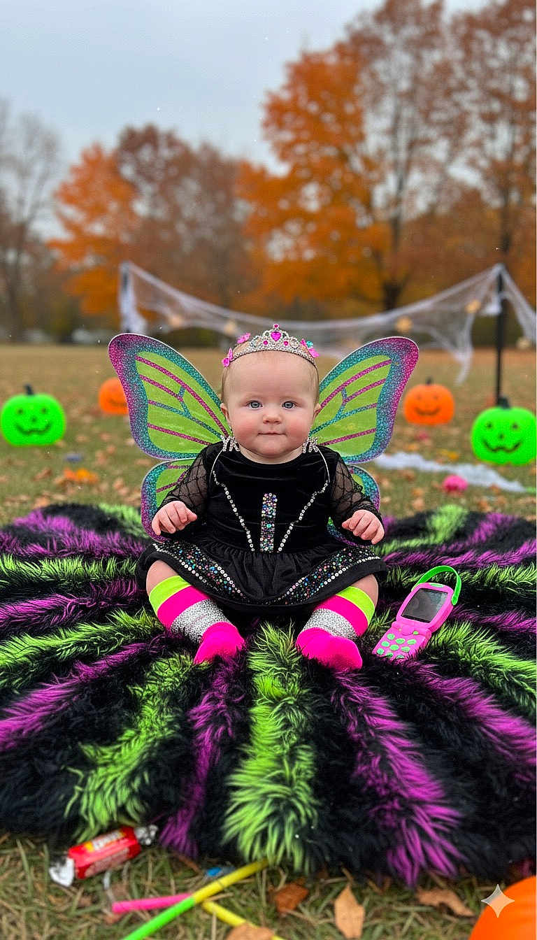 Paisley joined the competition — help win amazing prizes! baby, child, costume, fairy_wings, tiara, socks, blanket, outdoor, grass, halloween, pumpkins, jack_o_lantern, toy_phone, autumn, fall_leaves, black_dress, sparkles, cute, festive, portrait