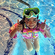 Arianna joined the competition — help win amazing prizes! blue, child, floatie, fun, goggles, happy, kid, outdoor, person, pink, playful, safety, smile, summer, swimming, swimming_pool, thumbs_up, unicorn, water, water_reflection