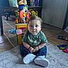 toddler, child, indoor, sitting, toy, shirt, sneakers, carpet, floor, furniture, cabinet, plaything, curious, expression, home, person, colorful, plastic, wooden, bracelet