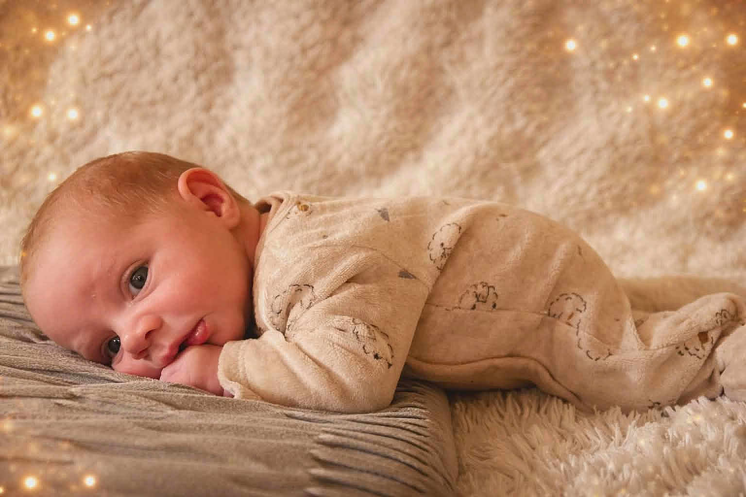 Thelio a rejoint le concours — aidez-le/la à gagner de superbes lots ! baby, infant, newborn, onesie, blanket, bokeh, soft_texture, tummy_time, portrait, close_up, cheek, hand, ear, pajamas, sleeping_surface, cozy, warm_lighting, nursery, cute, relaxed