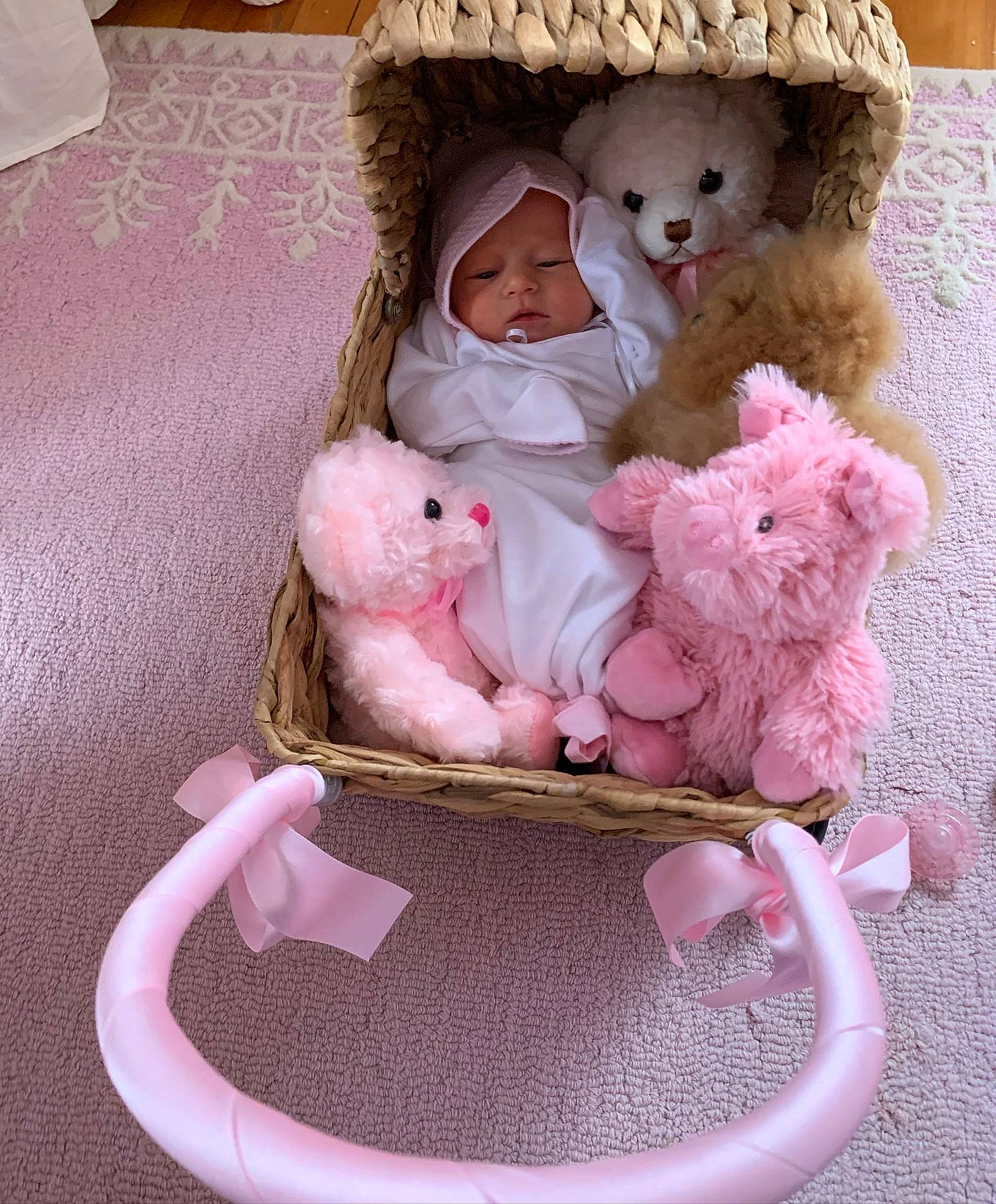 Beatrice joined the competition — help win amazing prizes! baby_products, baby_toddler_clothing, baby_toys, comfort, doll, fashion_accessory, fawn, fur, headwear, linens, magenta, mammal, pattern, person, pink, plush, stuffed_toy, teddy_bear, toy, vertebrate