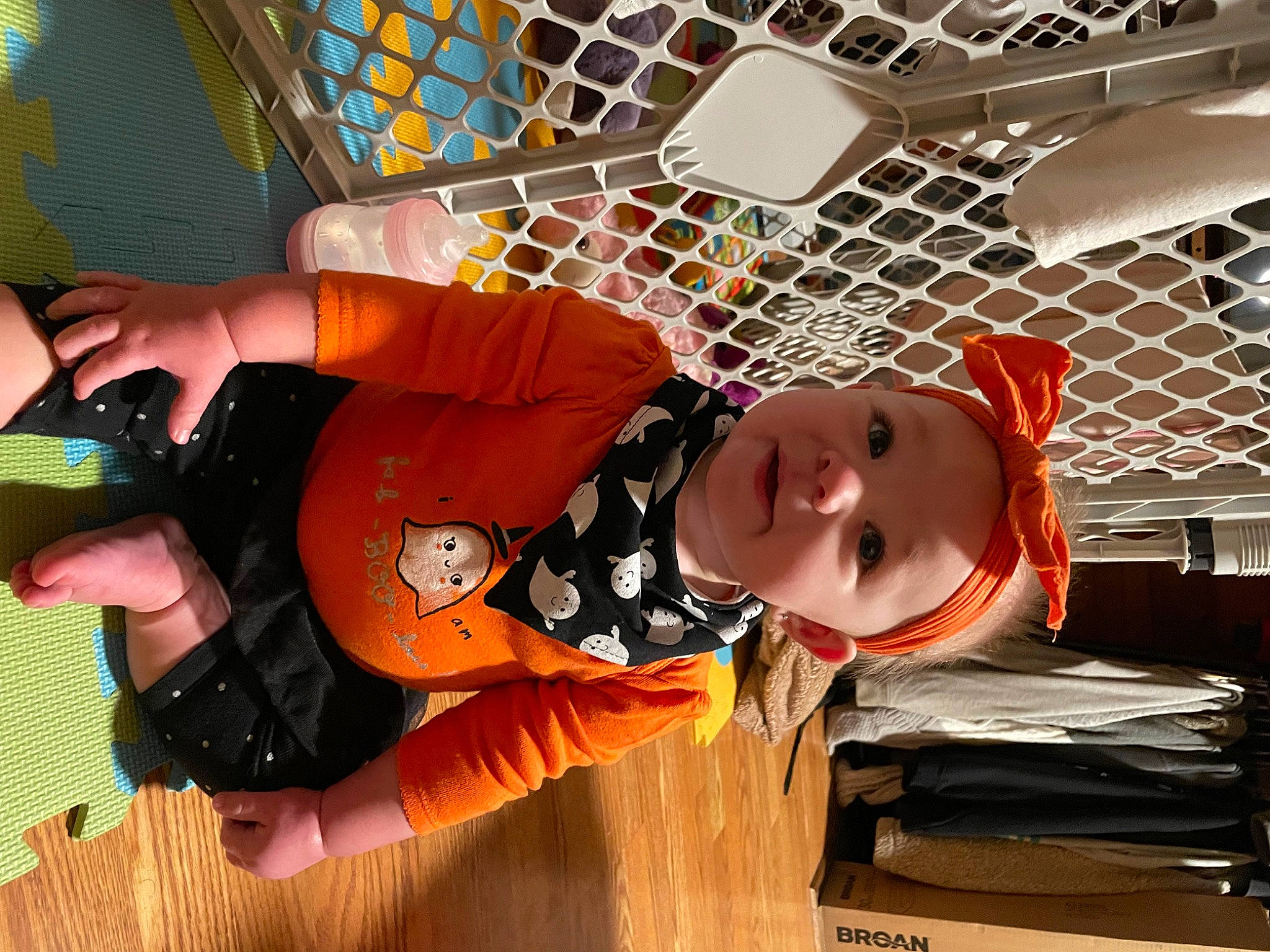Melody joined the competition — help win amazing prizes! baby, baby_toddler_clothing, child, fun, hardwood, headwear, mesh, net, orange, person, personal_protective_equipment, room, toddler, wood