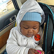 Imran is registered to the contest to win money with this photo: baby, baby_bottle, car_interior, car_seat, casual, child, clothing, cute, face, hand, hat, hoodie, infant, jeans, person, portrait, seat, seatbelt, window, young_child