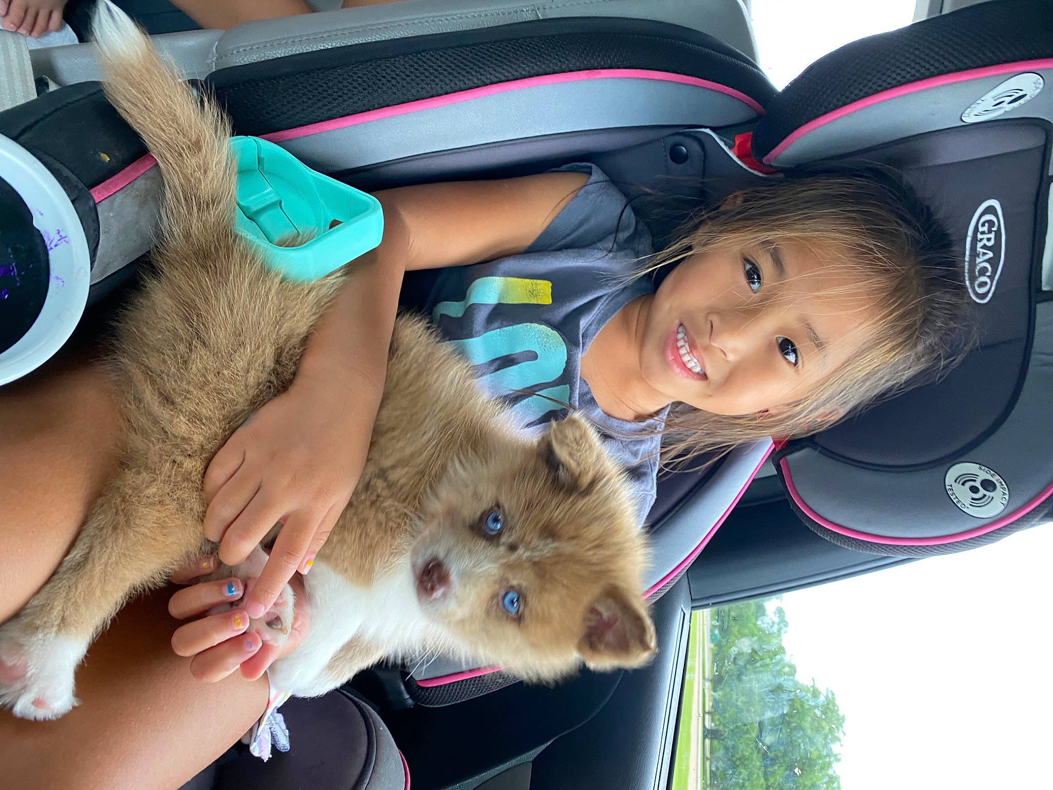 Juliana is registered to the contest to win money with this photo: child, companion_dog, dog_breed, electric_blue, fashion_accessory, fawn, foot, fun, fur, happy, headgear, leisure, person, photograph, recreation, skin, smile, snapshot, toddler, vertebrate