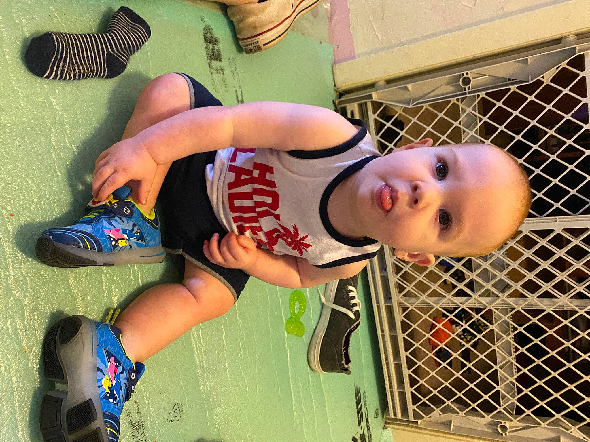 Jensen joined the competition — help win amazing prizes! chest, fence, foot, footwear, fun, human_leg, joint, knee, leg, leisure, mouth, person, sandal, shoe, shorts, sneakers, sportswear, sunglasses, thigh, trunk