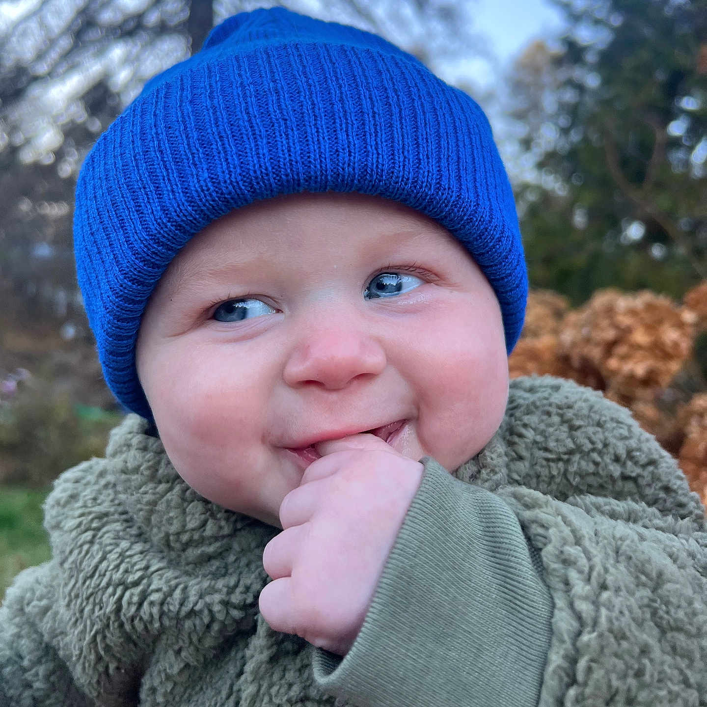 Jackson is registered to the contest to win money with this photo: baby, beanie, bonnet, cap, clothing, coat, face, happy, hat, head, hood, jacket, knitwear, person, photography, plant, portrait, smile, sweater, tree