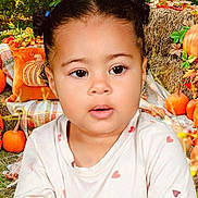 Gracie is registered to the contest to win money with this photo: toddler, child, face, portrait, pigtails, autumn, pumpkins, hay_bale, fall_decor, orange, greenery, outdoor, seasonal, cute, young_child, curious, clothing, heart_pattern, nature, festive