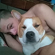 Giovanni is registered to the contest to win money with this photo: man, dog, cuddle, close_up, indoor, relaxed, pet, canine, human, shirtless, ear, face, comfort, companion, home, furniture, brown, white, portrait, bond