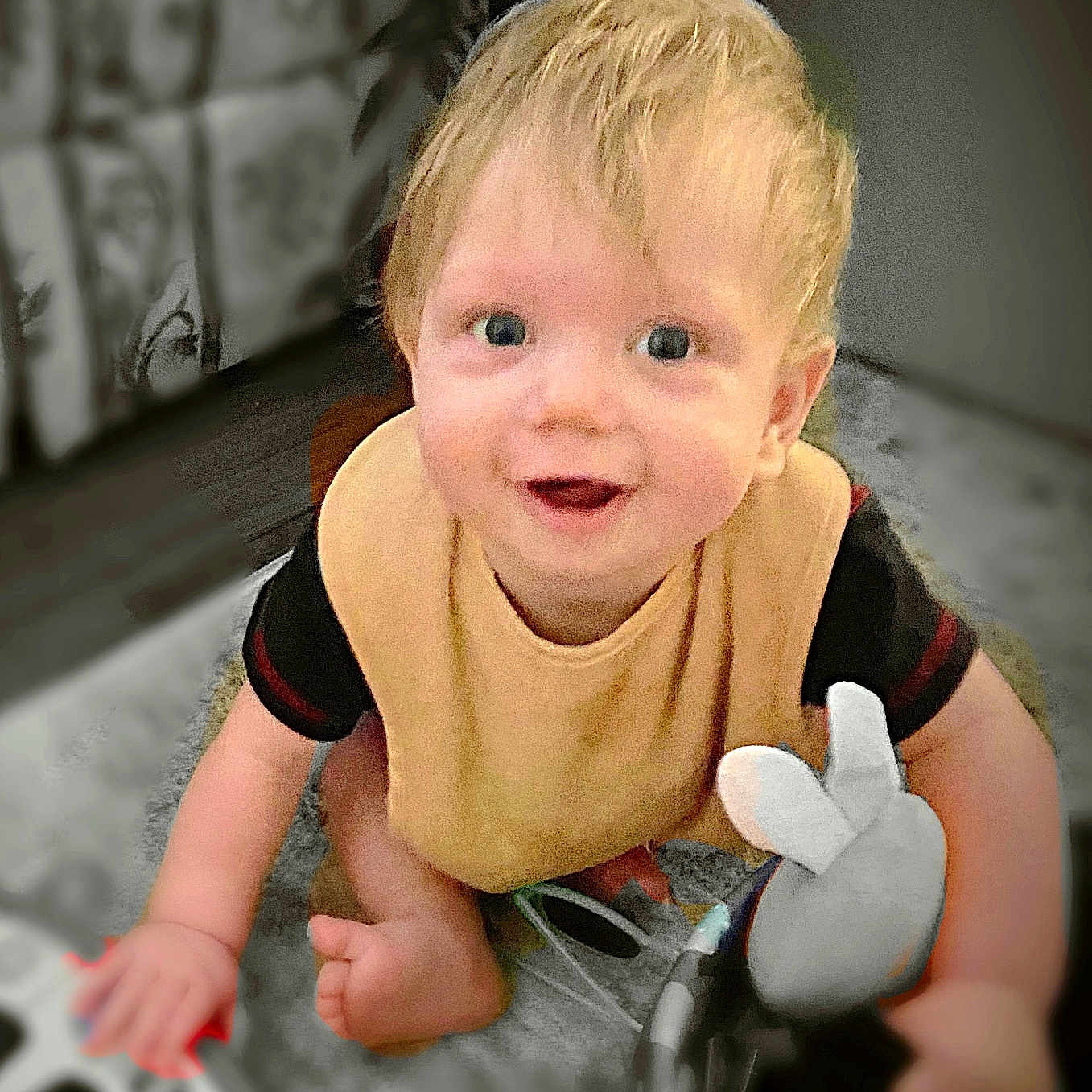Hunter joined the competition — help win amazing prizes! baby, bib, bunny, carpet, child, clothing, crawling, cute, face, foot, hand, happy, head, indoor, infant, person, playful, smiling, toy, young