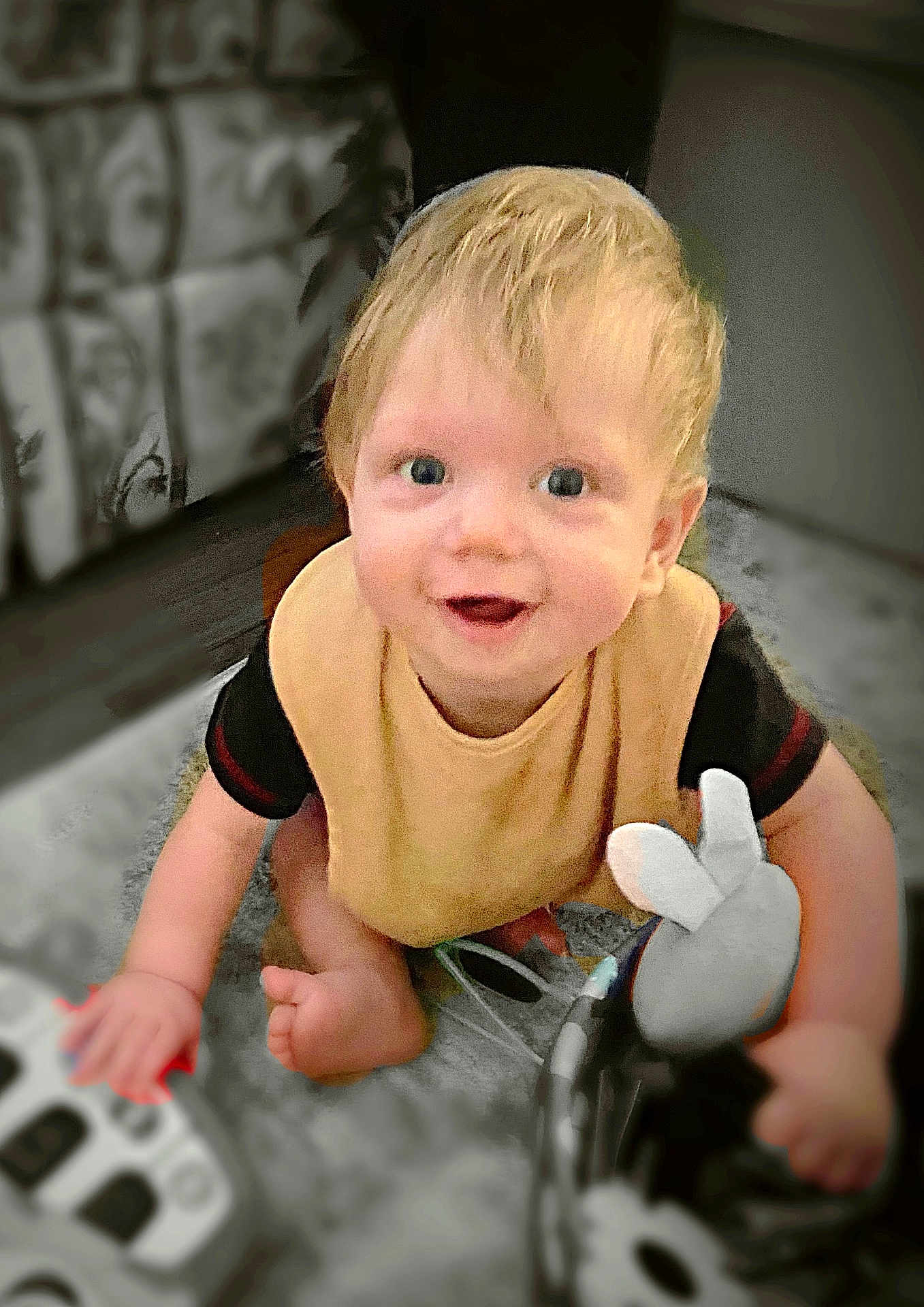 Hunter joined the competition — help win amazing prizes! baby, child, smiling, crawling, toy, bunny, bib, carpet, indoor, cute, happy, young, person, infant, playful, clothing, foot, hand, face, head