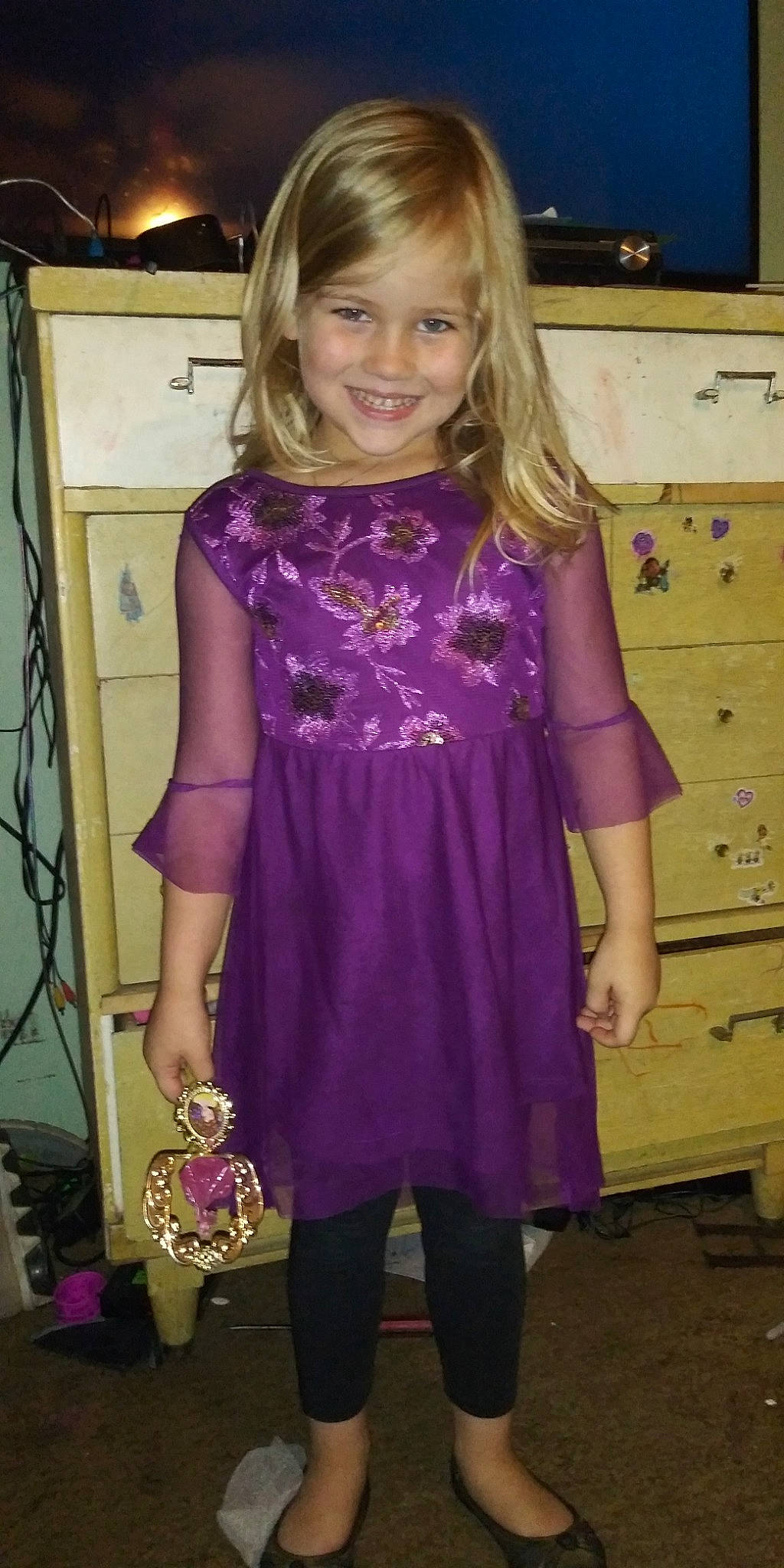 Kimber joined the competition — help win amazing prizes! blond, child_model, clothing, cocktail_dress, day_dress, dress, joy, lavender, lilac, person, purple, smile, tights, violet