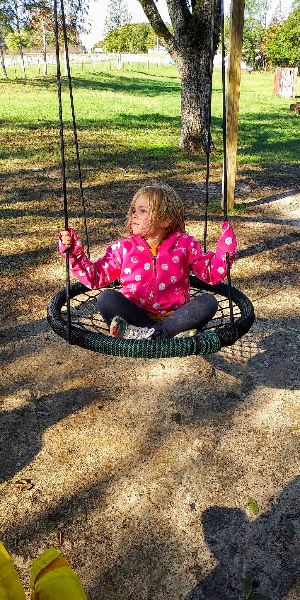 Kimber is registered to the contest to win money with this photo: child, leisure, outdoor_play_equipment, person, pink, play, playground, public_space, sitting, swing, toddler, tree