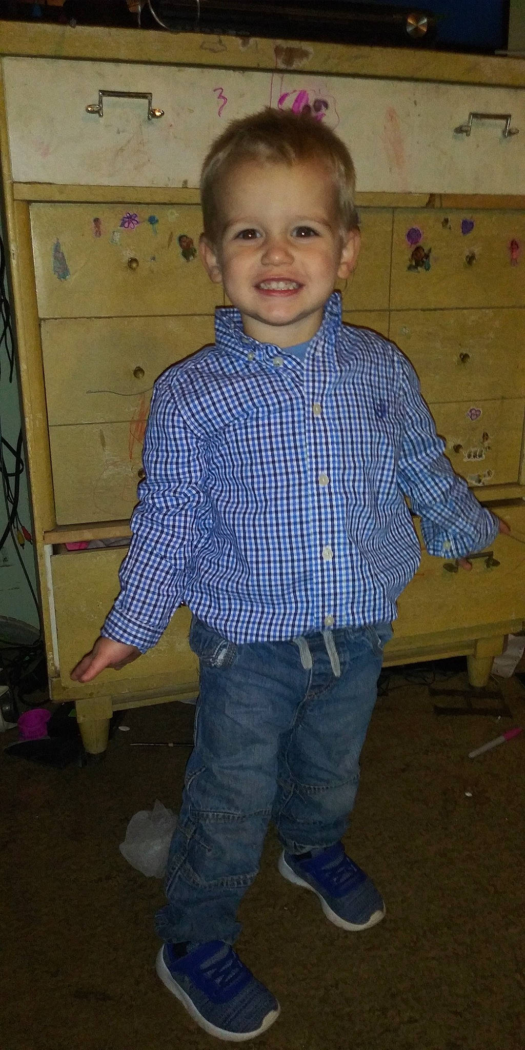 Tre joined the competition — help win amazing prizes! child, denim, jeans, joy, outerwear, person, sleeve, smile, standing, t_shirt, toddler