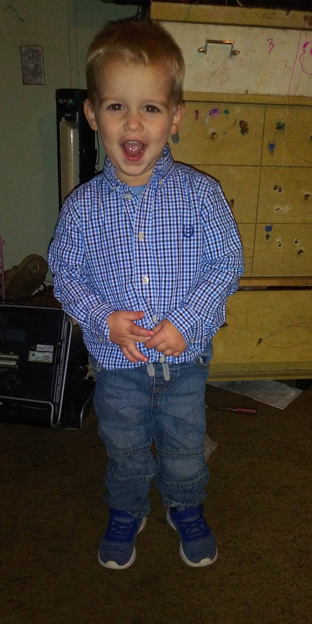 Tre joined the competition — help win amazing prizes! arm, child, denim, footwear, jeans, joy, person, shirt, shoe, sleeve, smile, standing, t_shirt, toddler