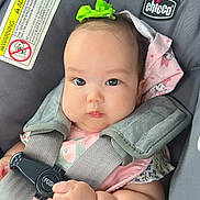 Rhianna joined the competition — help win amazing prizes! baby, infant, child, car_seat, safety_harness, bow, pink_clothing, cute, chubby_cheeks, hand, face, eyes, expression, indoor, photography, child_safety, seat_belt, person, closeup, car