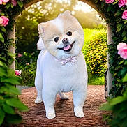 Bella is registered to the contest to win money with this photo: animal, archway, bow_tie, cute, dog, flowers, fluffy, garden, greenery, happy, nature, outdoor, pathway, pet, pomeranian, portrait, small_dog, smiling, sunlight, tongue_out