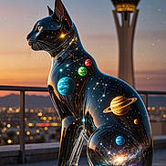 Univers participe au concours pour gagner de l'argent avec cette photo : cat, sculpture, cosmic, planets, space, night, cityscape, tower, sunset, reflection, glossy, art, urban, sky, stars, bokeh, outdoor, fantasy, lighting, silhouette