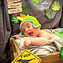 baby, dinosaur_hat, wooden_crate, blanket, sign, paper_leaves, green, cute, smiling, infant, costume, playful, warning_sign, t_rex, danger, decor, indoors, child, portrait, fun