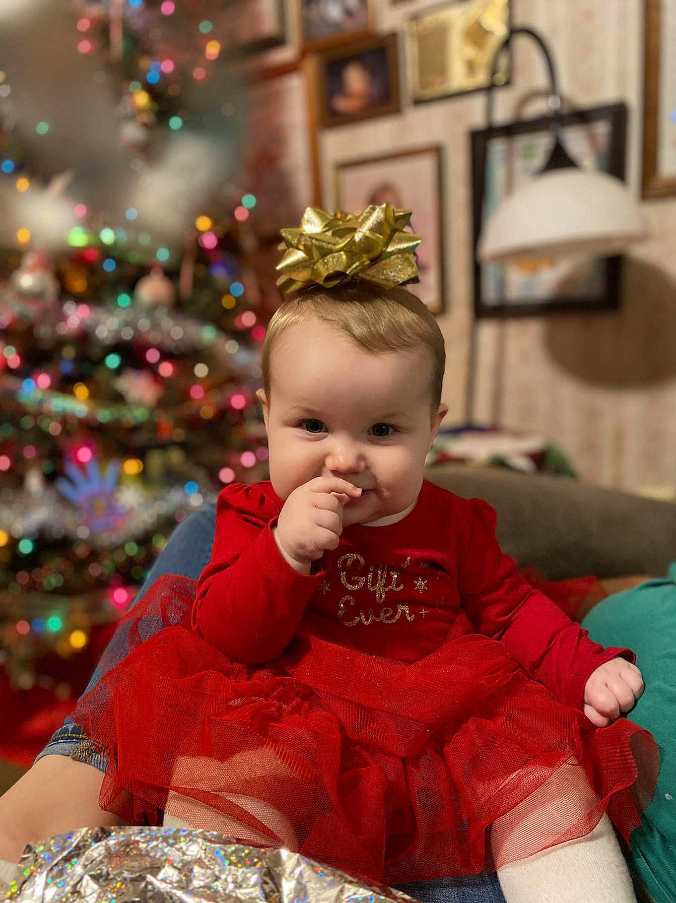 Phoebe is registered to the contest to win money with this photo: baby, baby_toddler_clothing, beauty, child, christmas, christmas_decoration, christmas_ornament, christmas_tree, event, fun, green, happy, head, holiday, holiday_ornament, lighting, ornament, people, person, toddler