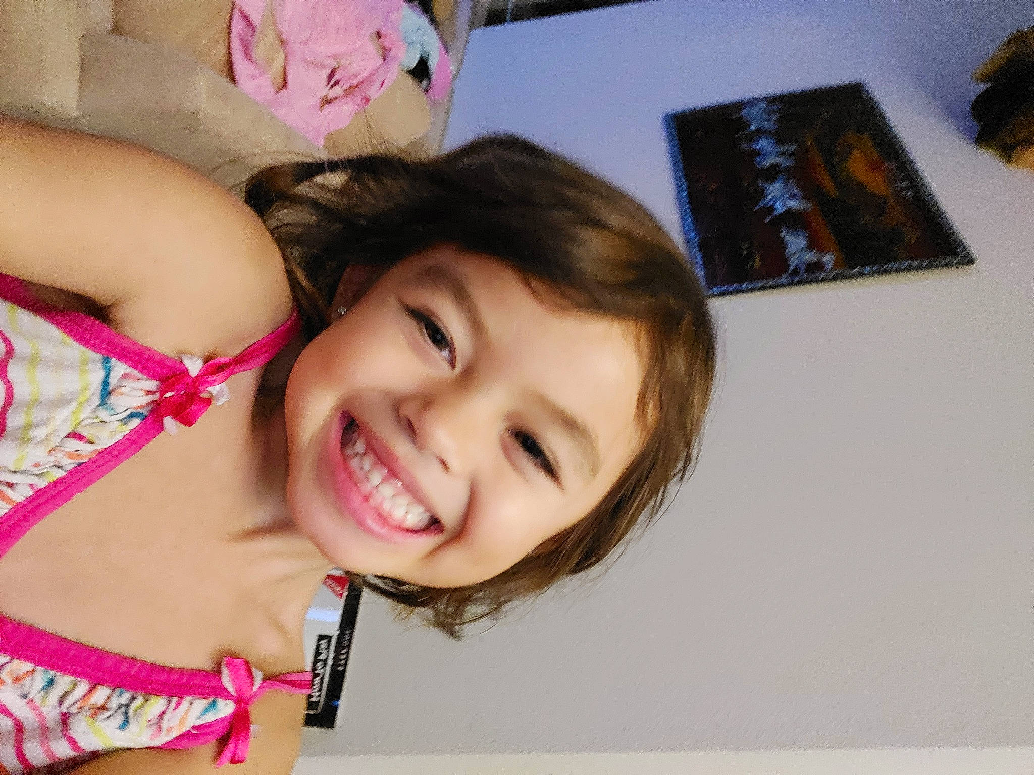 Jasmin joined the competition — help win amazing prizes! black_hair, blond, cheek, chest, child, eyelash, face, finger, fun, happy, joy, lip, mouth, neck, person, pink, skin, smile, snapshot, swimwear