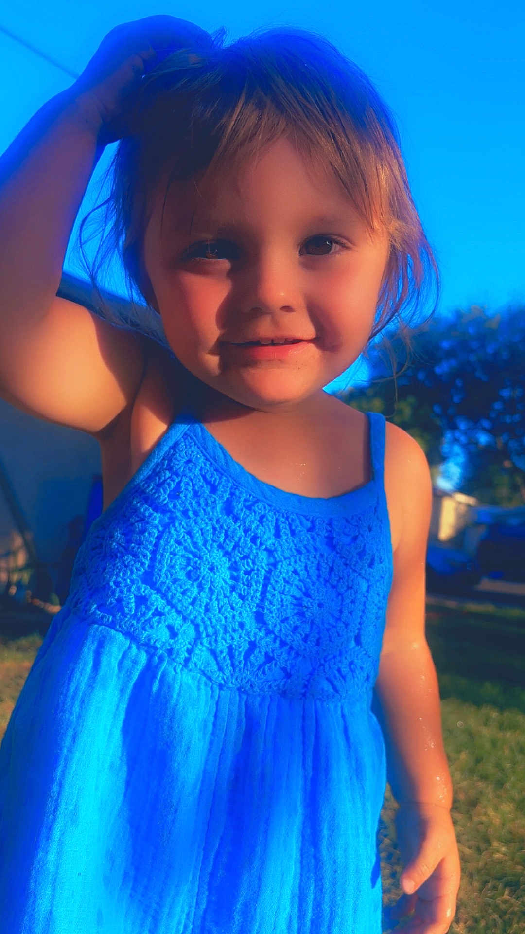 Ivory joined the competition — help win amazing prizes! child, blue_dress, outdoor, sunlight, grass, smile, face, hand, person, summer, happy, young_child, portrait, nature, casual_clothing, daylight, curly_hair, cute, playful, skin