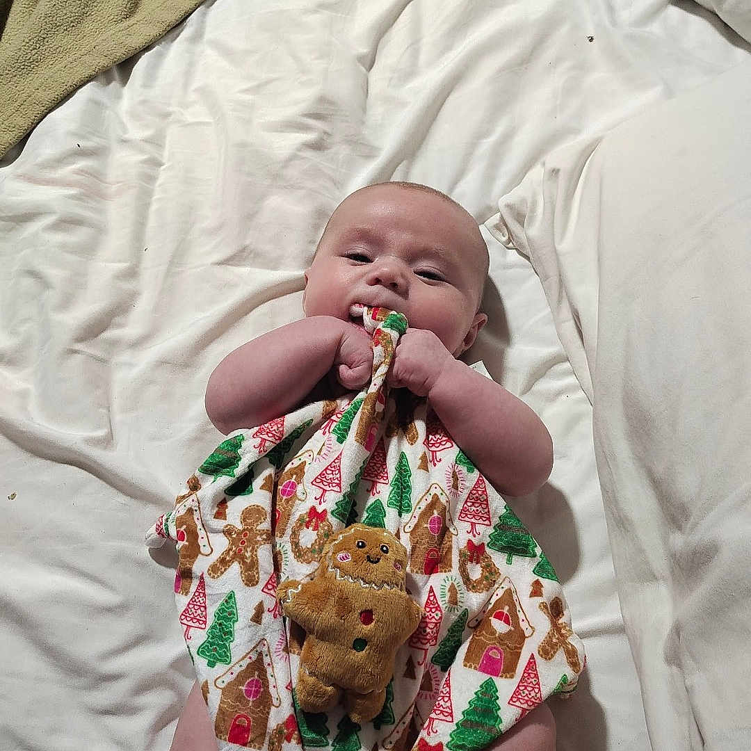 Liam Jones is registered to the contest to win money with this photo: baby, bed, blanket, chewing, christmas_pattern, christmas_tree, comfort, cute, foot, furniture, gingerbread_man, hand, holiday_theme, indoors, infant, lying_down, pillow, skin, soft_texture, toy