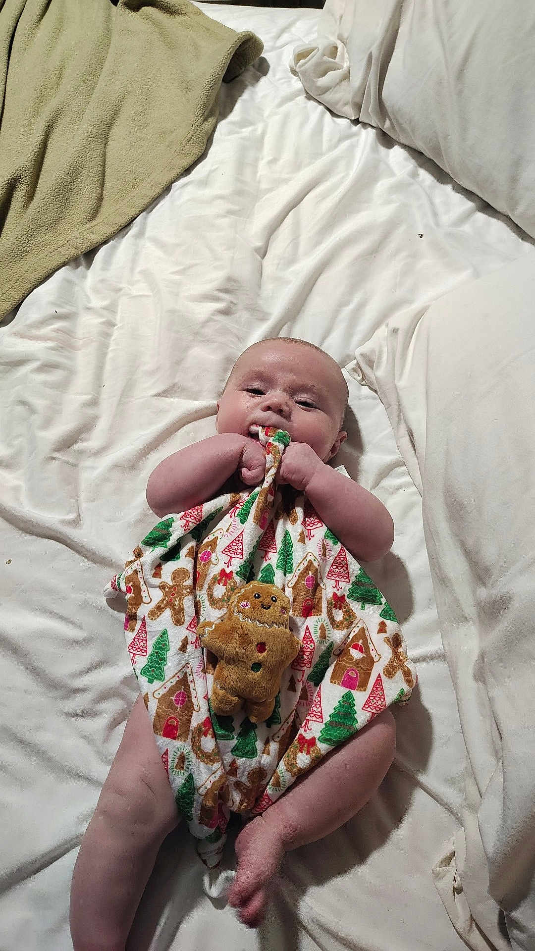 Liam Jones is registered to the contest to win money with this photo: baby, infant, blanket, bed, pillow, furniture, christmas_pattern, gingerbread_man, christmas_tree, toy, chewing, cute, skin, hand, foot, lying_down, indoors, soft_texture, holiday_theme, comfort