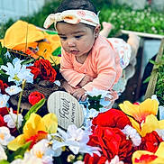 Rosalia joined the competition — help win amazing prizes! baby, infant, flower, flowers, headband, peach_clothing, outdoor, nature, greenery, grass, sign, wooden_sign, four_months, portrait, cute, colorful, red_flowers, yellow_flowers, white_flowers, baby_girl