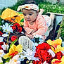 baby, infant, flower, flowers, headband, peach_clothing, outdoor, nature, greenery, grass, sign, wooden_sign, four_months, portrait, cute, colorful, red_flowers, yellow_flowers, white_flowers, baby_girl