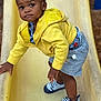 toddler, child, yellow_hoodie, denim_shorts, slide, playground, shoes, curious, outdoor, young_child, portrait, climbing, casual_clothing, shorts, sneakers, daylight, expression, person, activity, fun