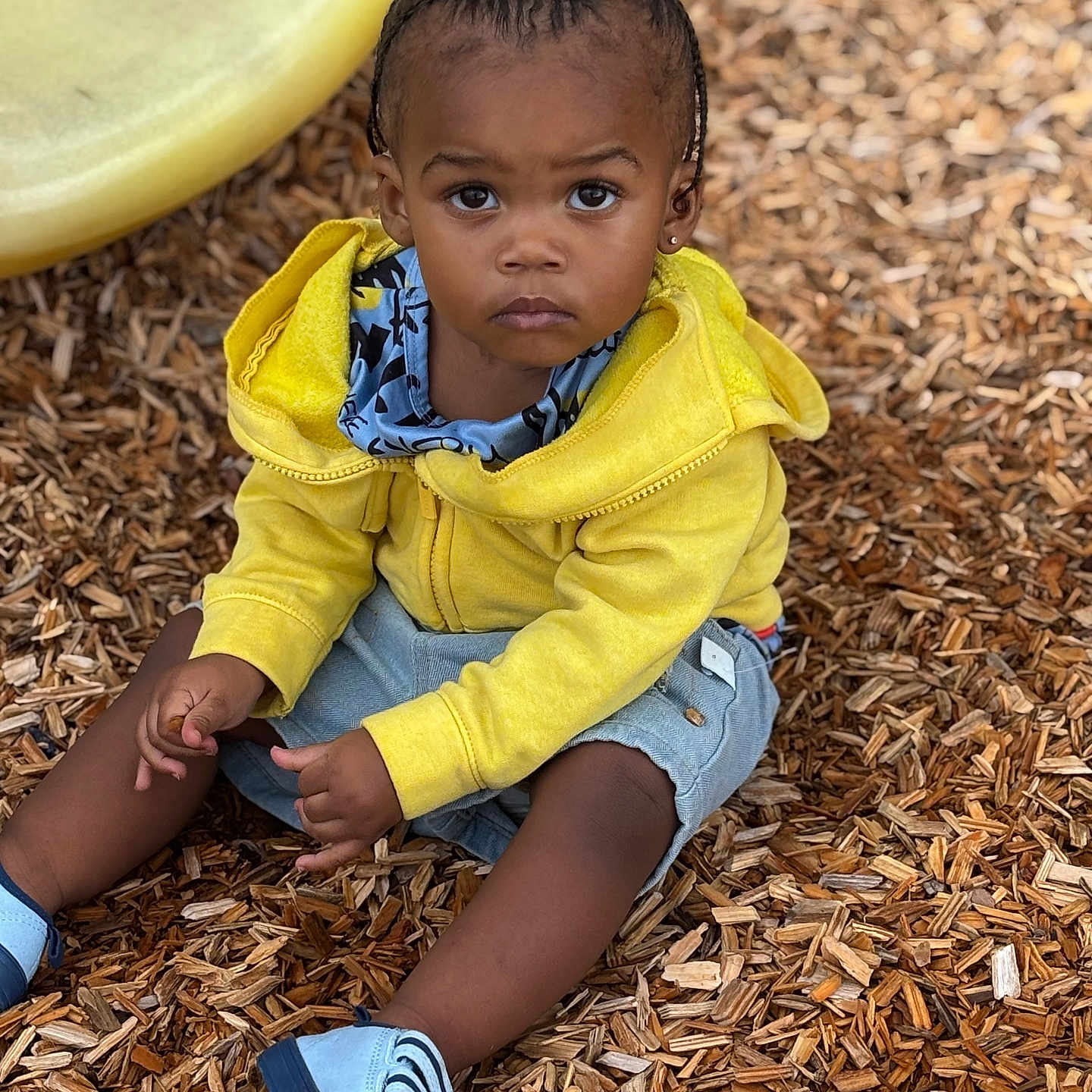 Jayceveon joined the competition — help win amazing prizes! blue_shoes, braids, casual_clothing, child, closeup, curious, cute, daylight, natural_light, outdoor, person, playground, portrait, serious_expression, shorts, sitting, toddler, wood_chips, yellow_hoodie, young_child