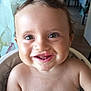baby, child, smiling, messy_face, high_chair, indoor, skin, hair, eyes, mouth, teeth, arm, shoulder, diaper, bracelet, cute, happy, face, person, infant