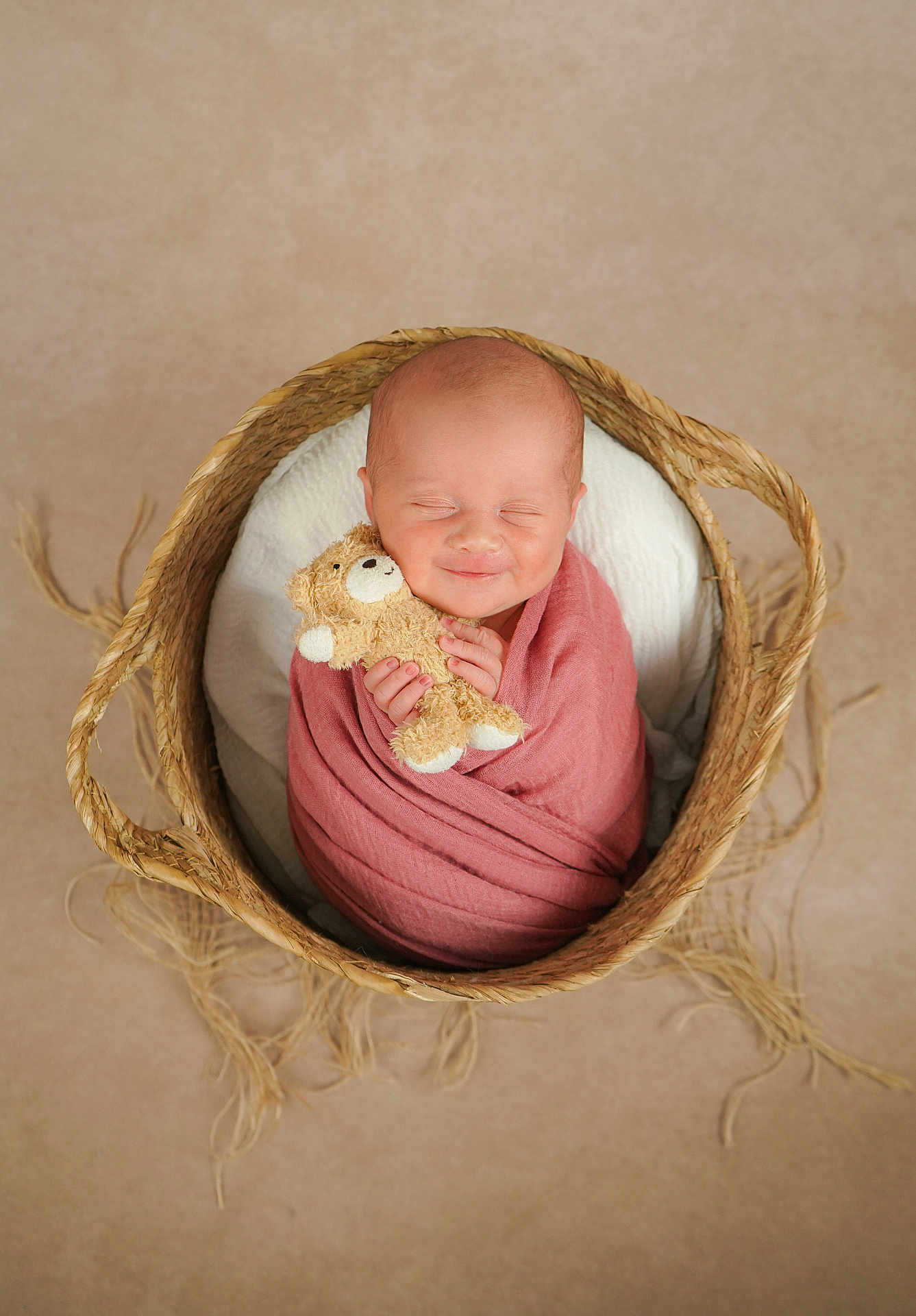 Maisie joined the competition — help win amazing prizes! newborn, baby, basket, blanket, teddy_bear, sleeping, cute, infant, soft, wrapped, peaceful, smile, child, portrait, cozy, plush, adorable, resting, hands, head