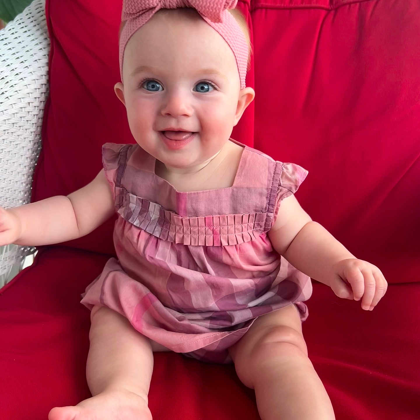 Taylor joined the competition — help win amazing prizes! accessories, baby, babylaughing, chair, clothing, couch, cushion, dress, face, furniture, happy, hat, head, homedecor, pants, person, photography, portrait, sitting, smile