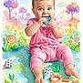 Raven joined the competition — help win amazing prizes! baby, bare_feet, blue_eyes, chewing, clouds, cute, flowers, illustration, infant, lawn, pastel_colors, pink_outfit, playful, portrait, rattle, sitting, teether, toy, trees, watercolor