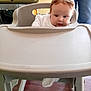 Serena joined the competition — help win amazing prizes! baby, highchair, child, face, indoor, person, white_clothing, curly_hair, floor, wood_floor, furniture, legs, jeans, tray, table, home, infant, cute, looking, expression