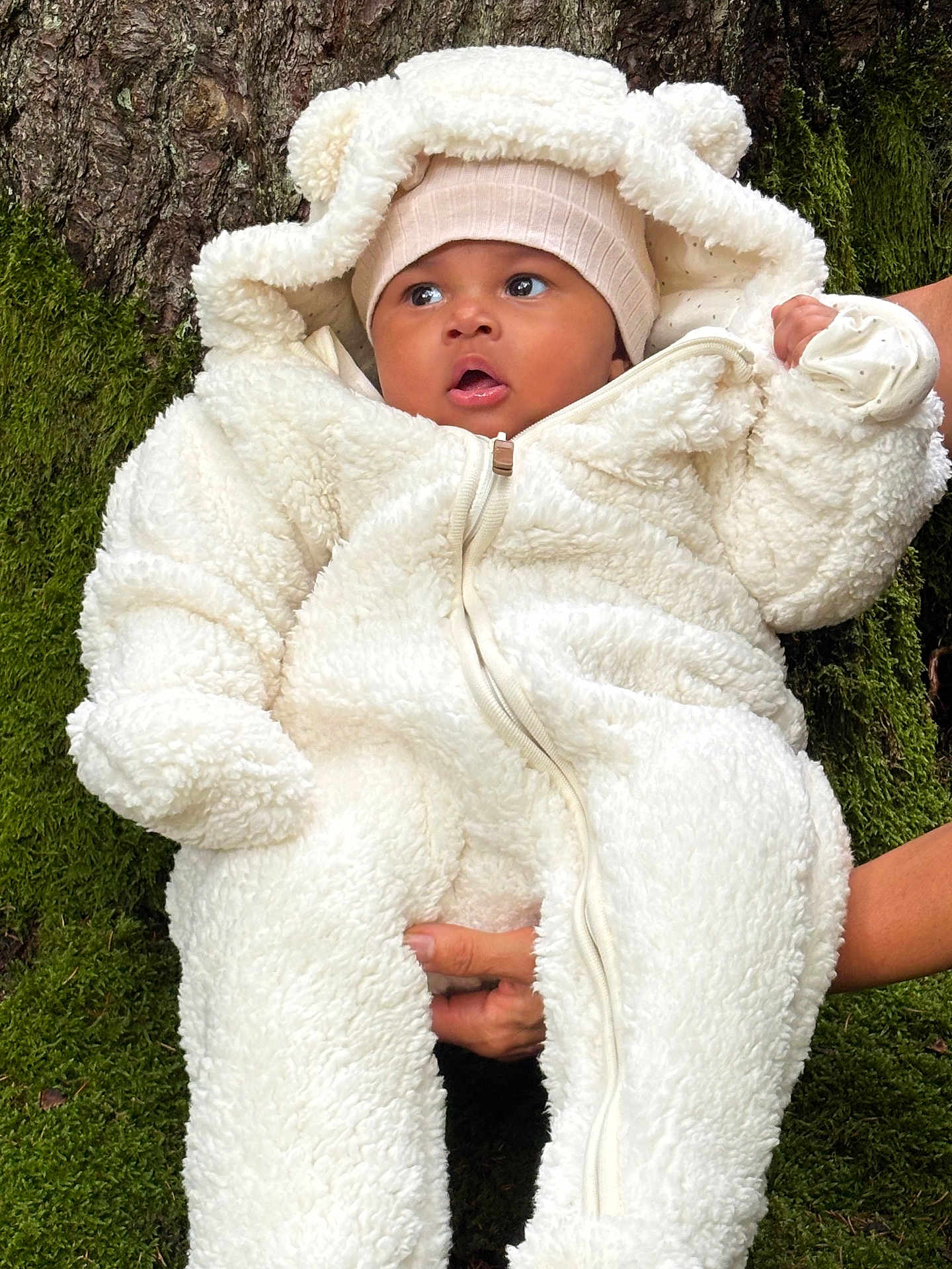 Ivy participe au concours pour gagner de l'argent avec cette photo : baby, child, infant, white_onesie, fluffy_clothing, hat, beige_hat, tree_bark, moss, outdoor, nature, person, cute, warm_clothing, hands, portrait, expression, young_child, holding, winter_wear
