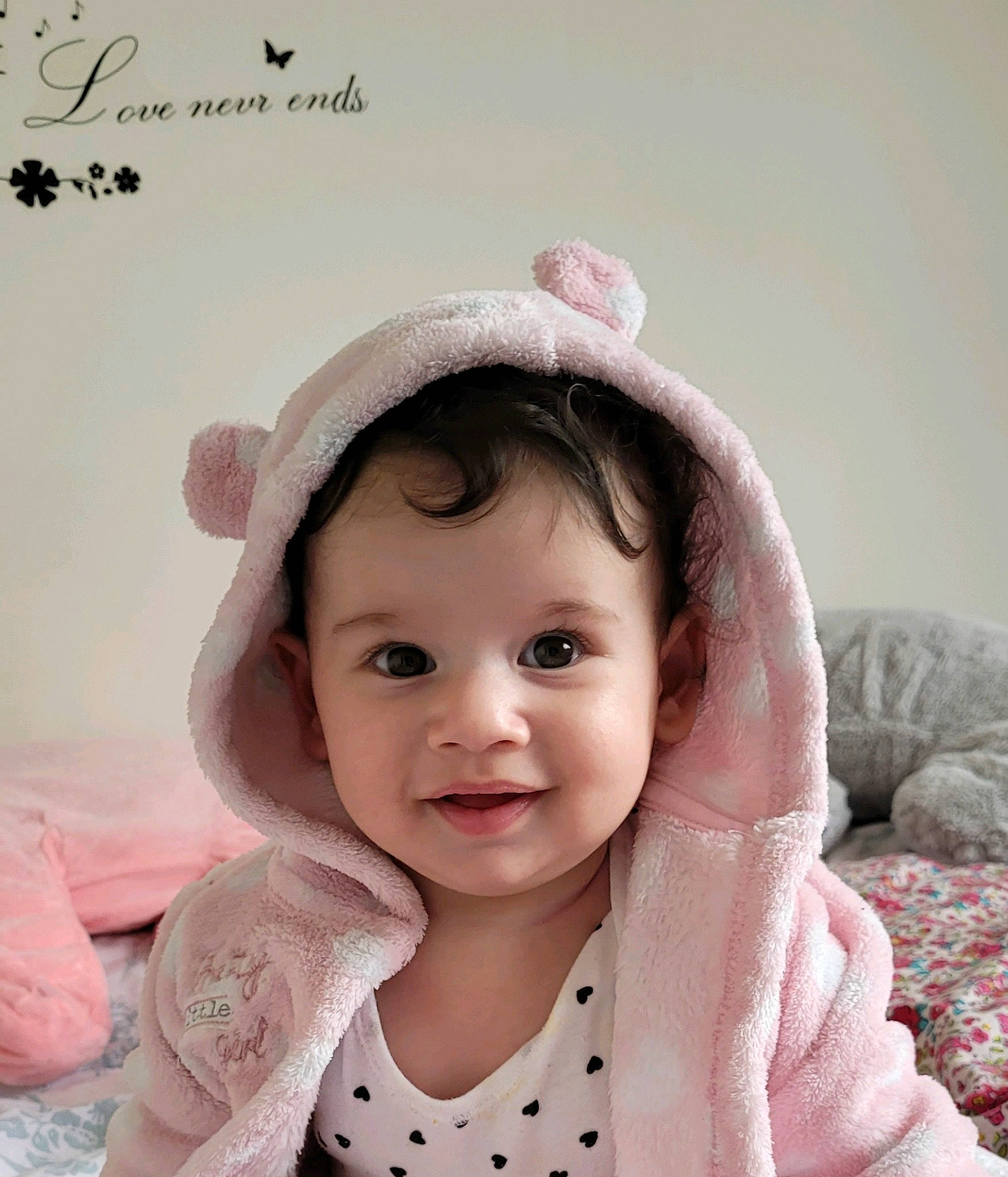 Jessica Roman joined the competition — help win amazing prizes! baby, baby_toddler_clothing, cheek, chin, comfort, eye, eyelash, face, happy, head, iris, lip, outerwear, pattern, person, pink, skin, sleeve, smile, toddler