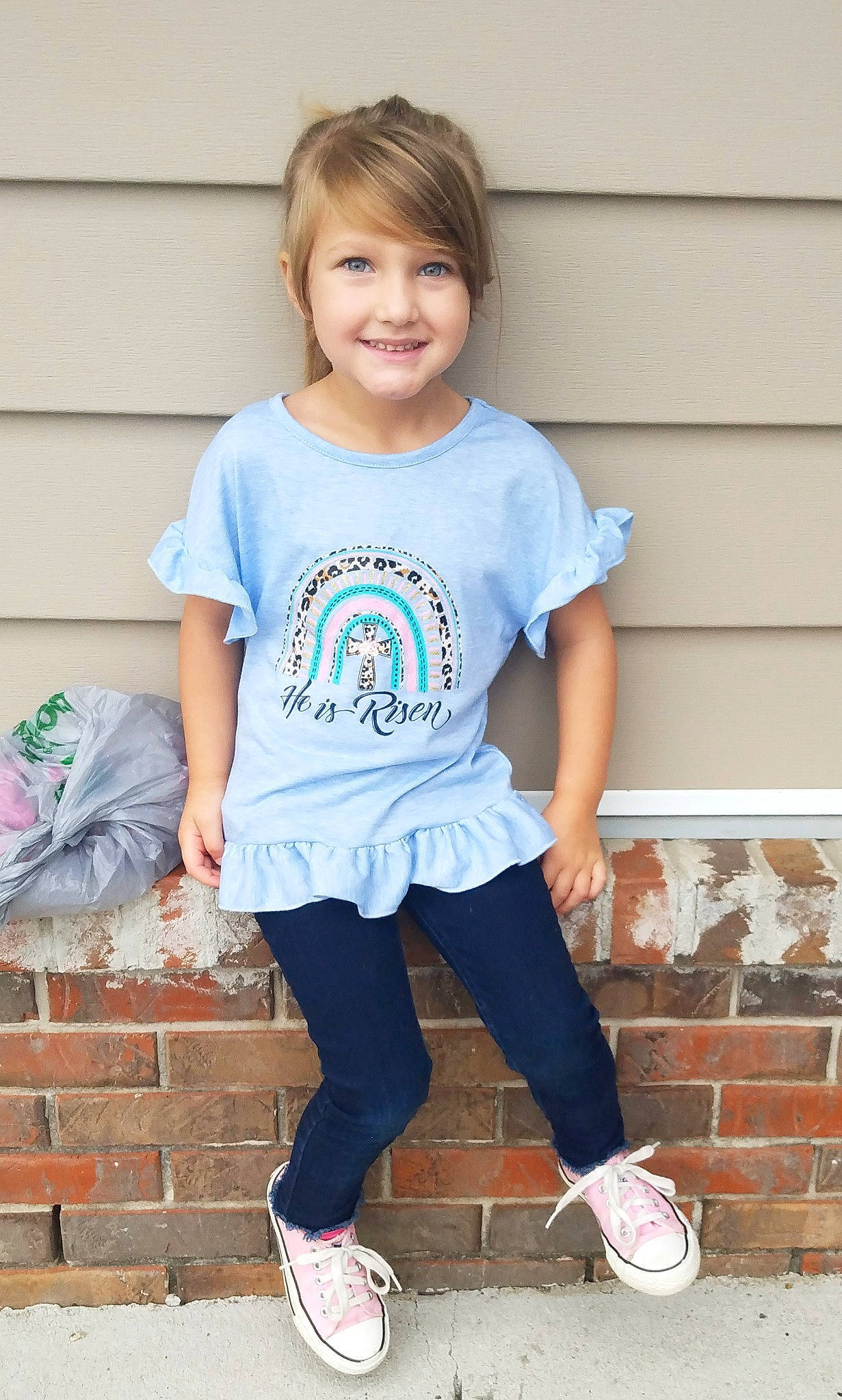 Paisleigh joined the competition — help win amazing prizes! clothing, cool, denim, electric_blue, footwear, hair, happy, joy, knee, leg, neck, person, pink, shoe, shoulder, sleeve, smile, sportswear, t_shirt, thigh