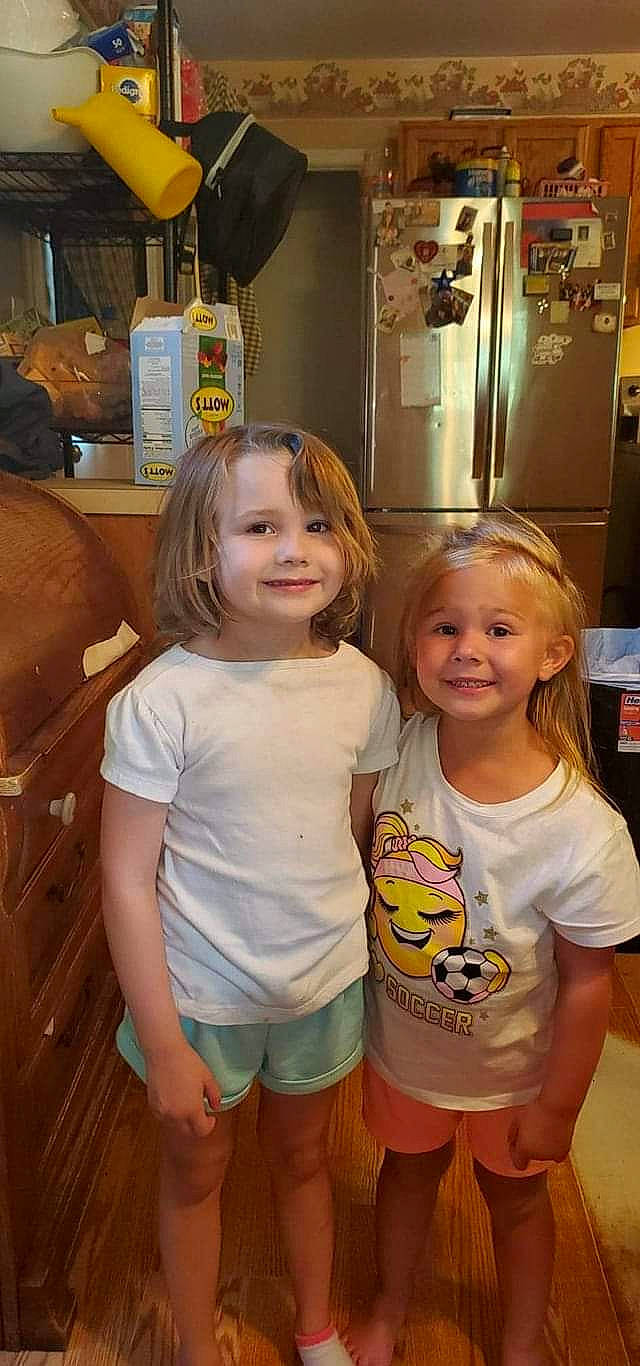 Anna joined the competition — help win amazing prizes! blond, child, fun, iris, joy, person, sibling, smile, standing, t_shirt, toddler