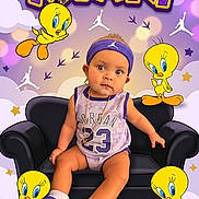 Myani is registered to the contest to win money with this photo: baby, child, birthday, 1st_birthday, tweety_bird, cartoon, purple, yellow, headband, socks, sportswear, couch, celebration, confetti, cute, portrait, smiling, animated_characters, background, party