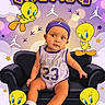 baby, child, birthday, 1st_birthday, tweety_bird, cartoon, purple, yellow, headband, socks, sportswear, couch, celebration, confetti, cute, portrait, smiling, animated_characters, background, party